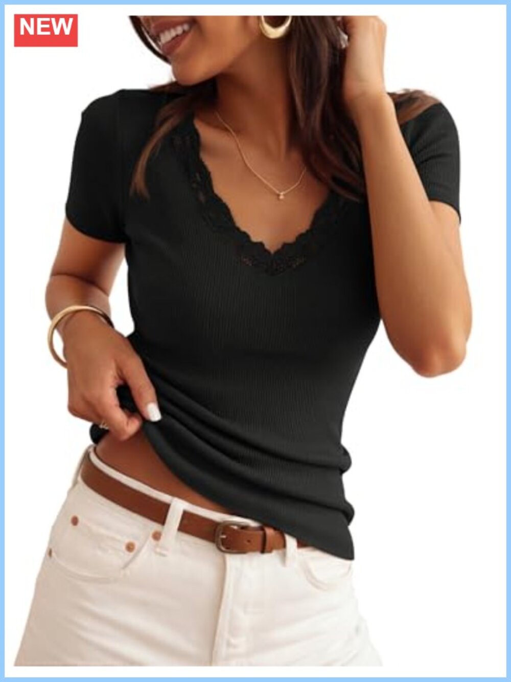 Women's Lace V Neck Short Sleeve Knit T-Shirt Business Casual Fitted Top